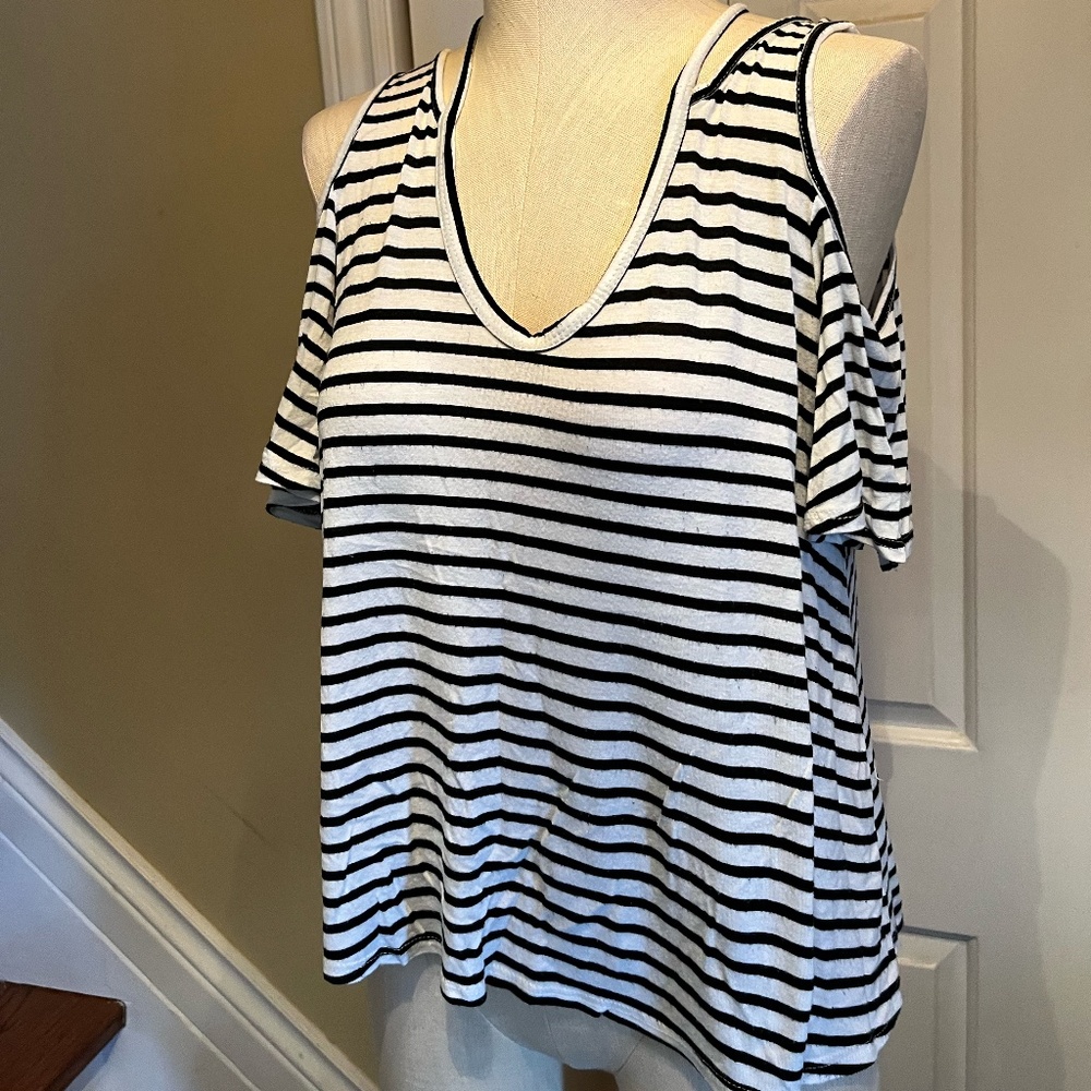 Caution to the Wind Black and White Striped Cold Shoulder Top